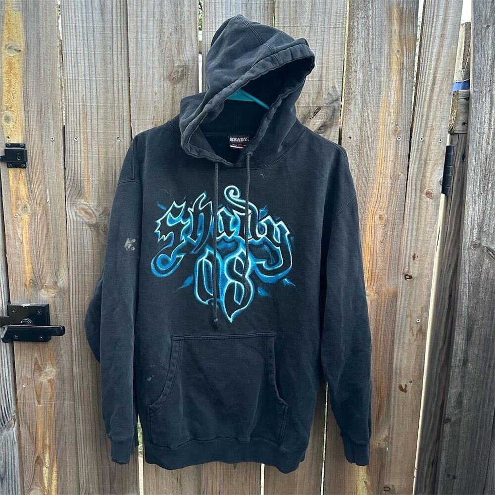 Vintage Shady LTD Unisex Black Hoodie M Blue Graphic Streetwear Pullover